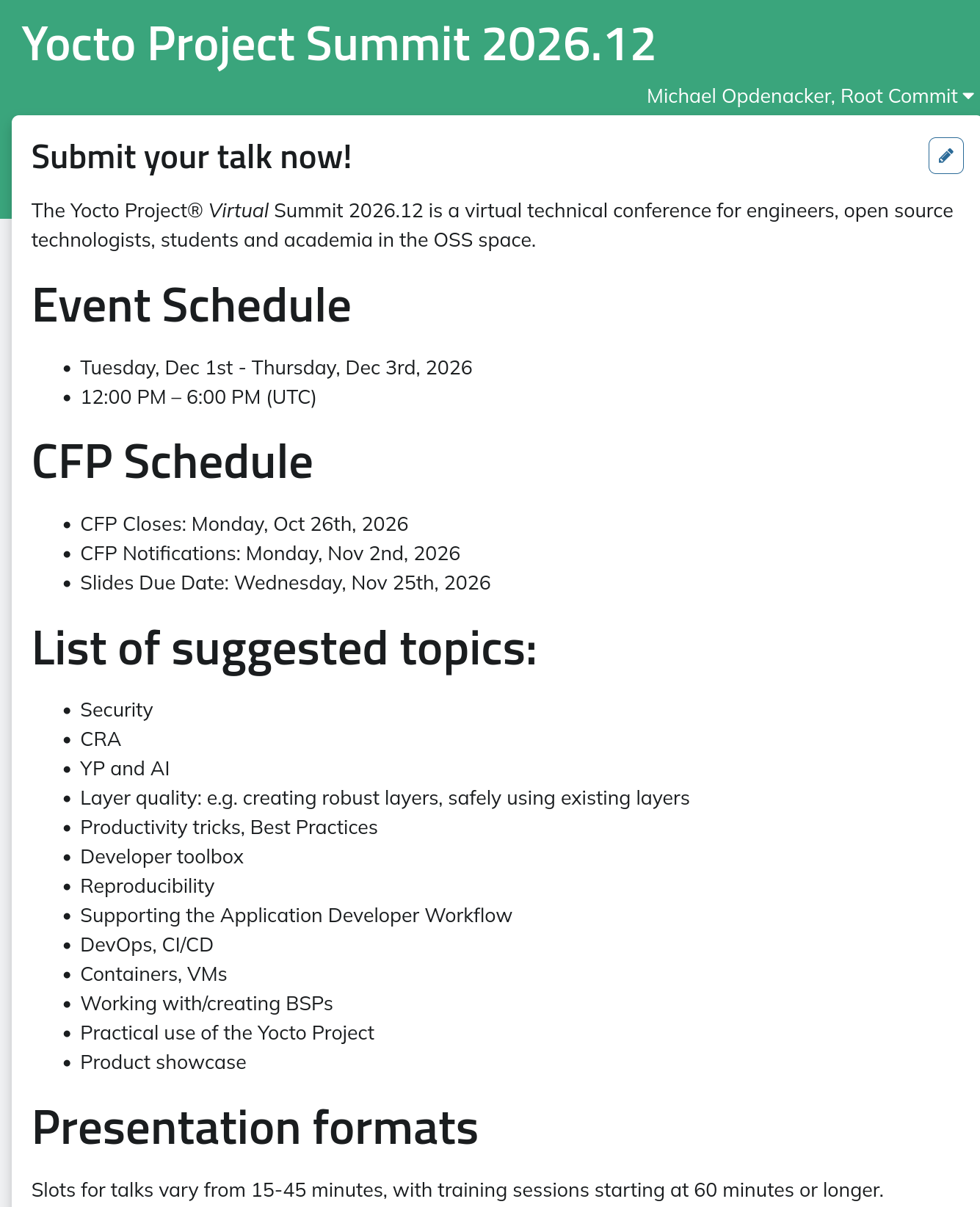 Screenshot of the CfP at https://pretalx.com/yocto-project-summit-2026-12/cfp