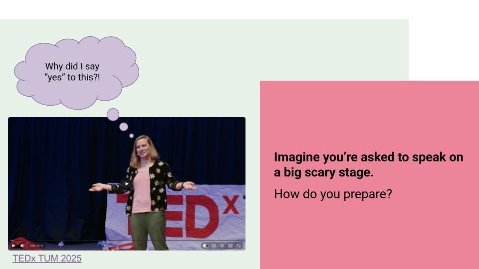 A screenshot of the video with Heidi speaking on stage. Thinking bubbles: "Why did I say yes to this?!". Text says: "Imagine you're asked to speak on a big scary stage. How do you prepare?"