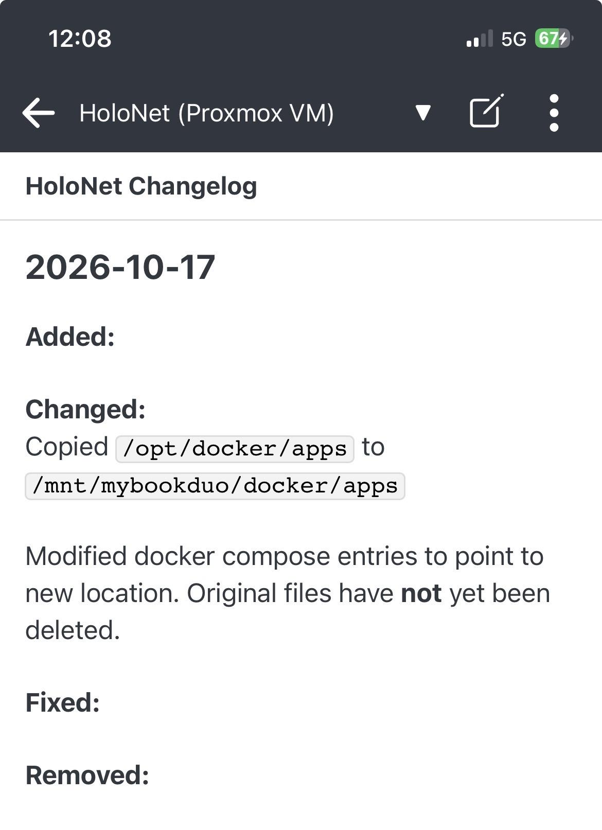 Screen shot from my phone of a changelog for my server.