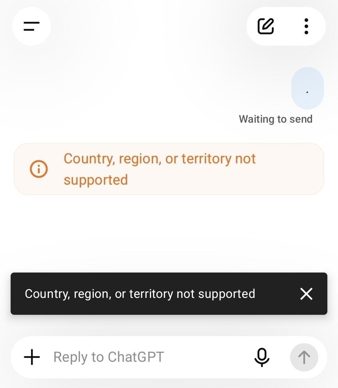 ChatGPT showing an error saying "Country, region, or territory not supported" as it bans access from Iran