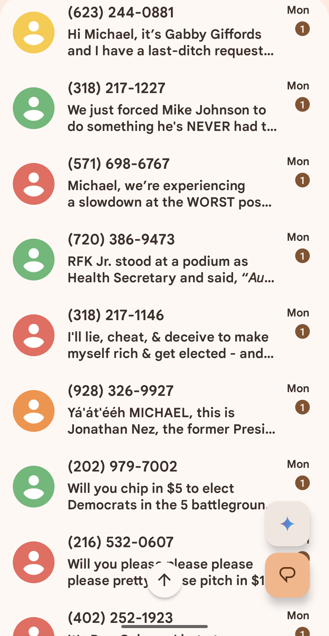 Screenshot of nine political text message threads in a row in one day (only a partial listing)