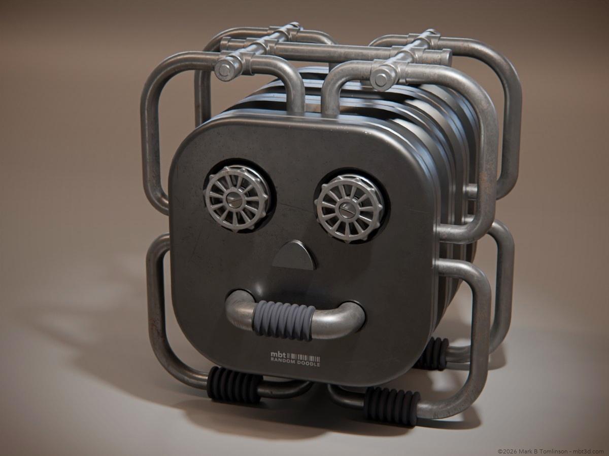Metallic housing with pipes on the side and top and a fat on in front