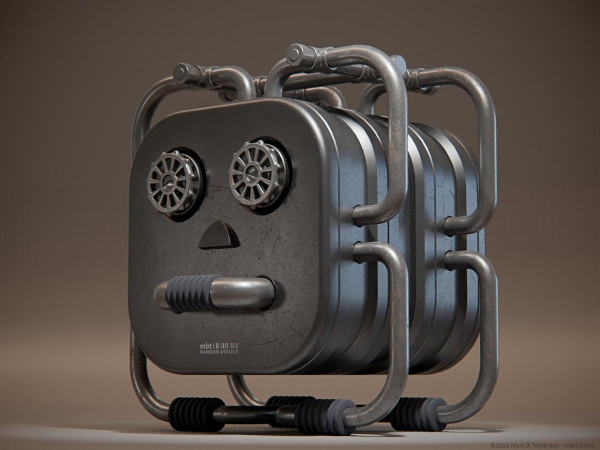 Metallic housing with pipes on the side and top and a fat on in front
