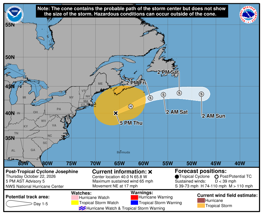 Summary for Post-Tropical Cyclone Josephine (AT5/AL102026)
The minimum central pressure was 988 mb with maximum sustained winds of about 65 mph.