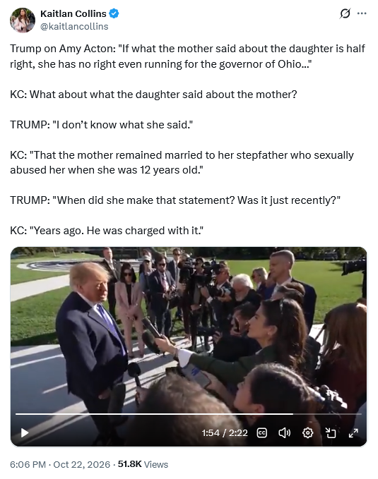 Tweet by Kaitlan Collins @kaitlancollins
Trump on Amy Acton: "If what the mother said about the daughter is half right, she has no right even running for the governor of Ohio..."
KC: What about what the daughter said about the mother?
TRUMP: "I don’t know what she said."
KC: "That the mother remained married to her stepfather who sexually abused her when she was 12 years old."
TRUMP: "When did she make that statement? Was it just recently?"
KC: "Years ago. He was charged with it."