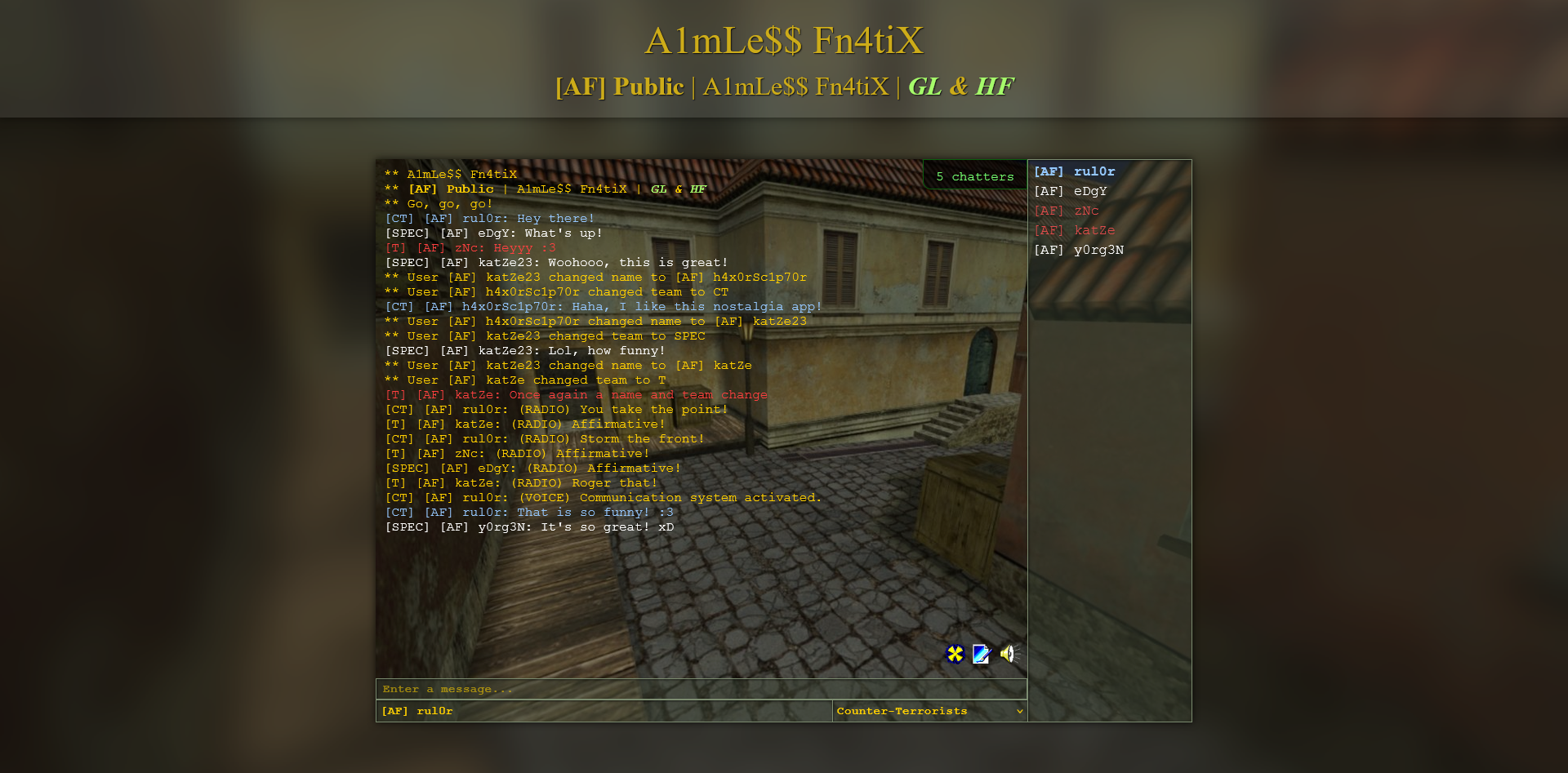Screenshot showing an active SayText Chat session with 5 participants. The chat window contains random text messages, radio commands and VOX speak commands. There is a list of active users, as well as the current user count. Input fields for name, text message and team are shown in the bottom. In the title section, there is the server name and server topic, the latter allowing BBCodes.