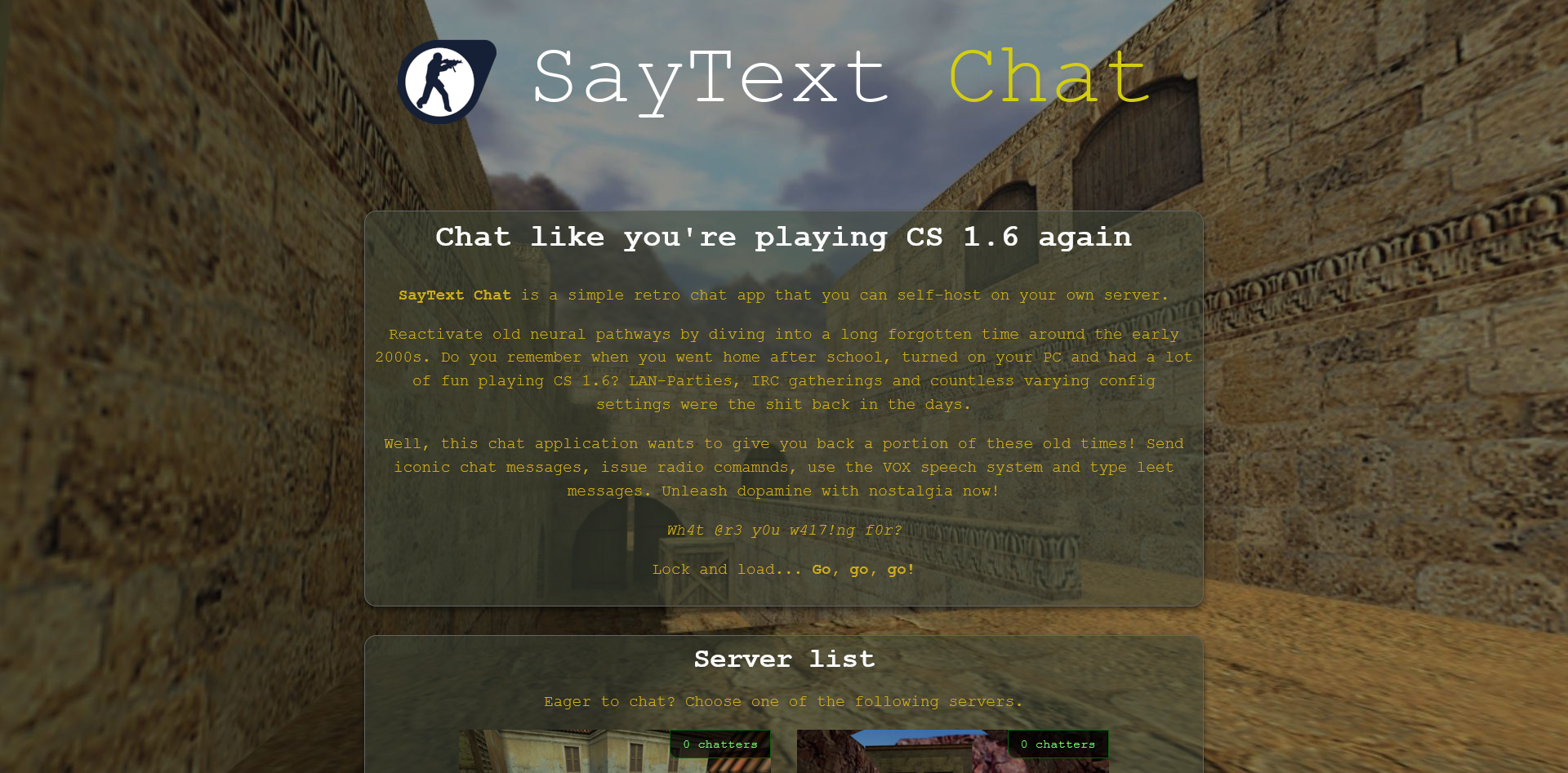 First third of the SayText Chat homepage, showing a banner, description and background image.