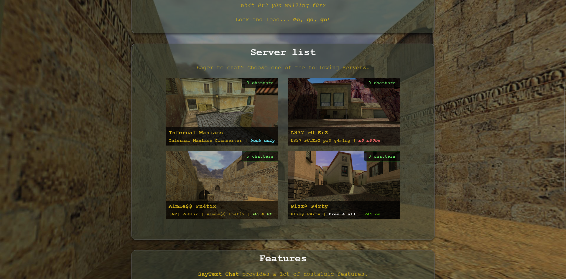 Second third of the homepage showing a list of active chat servers with their name, topic, user count and preview image.