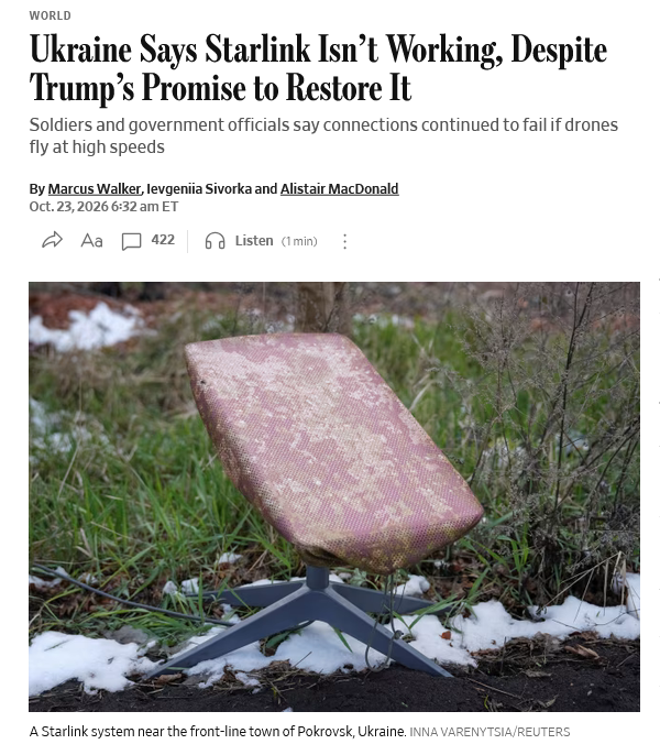 Image of the top of the article
With pic of a Starlink system near the front-line town of Pokrovsk, Ukraine. Inna Varenytsia/Reuters