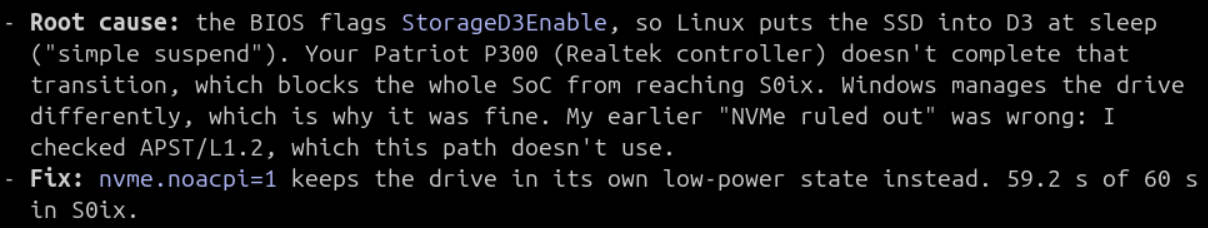 Claude determined my nvme ssd controller was preventing my laptop from going into full hibernate mode.