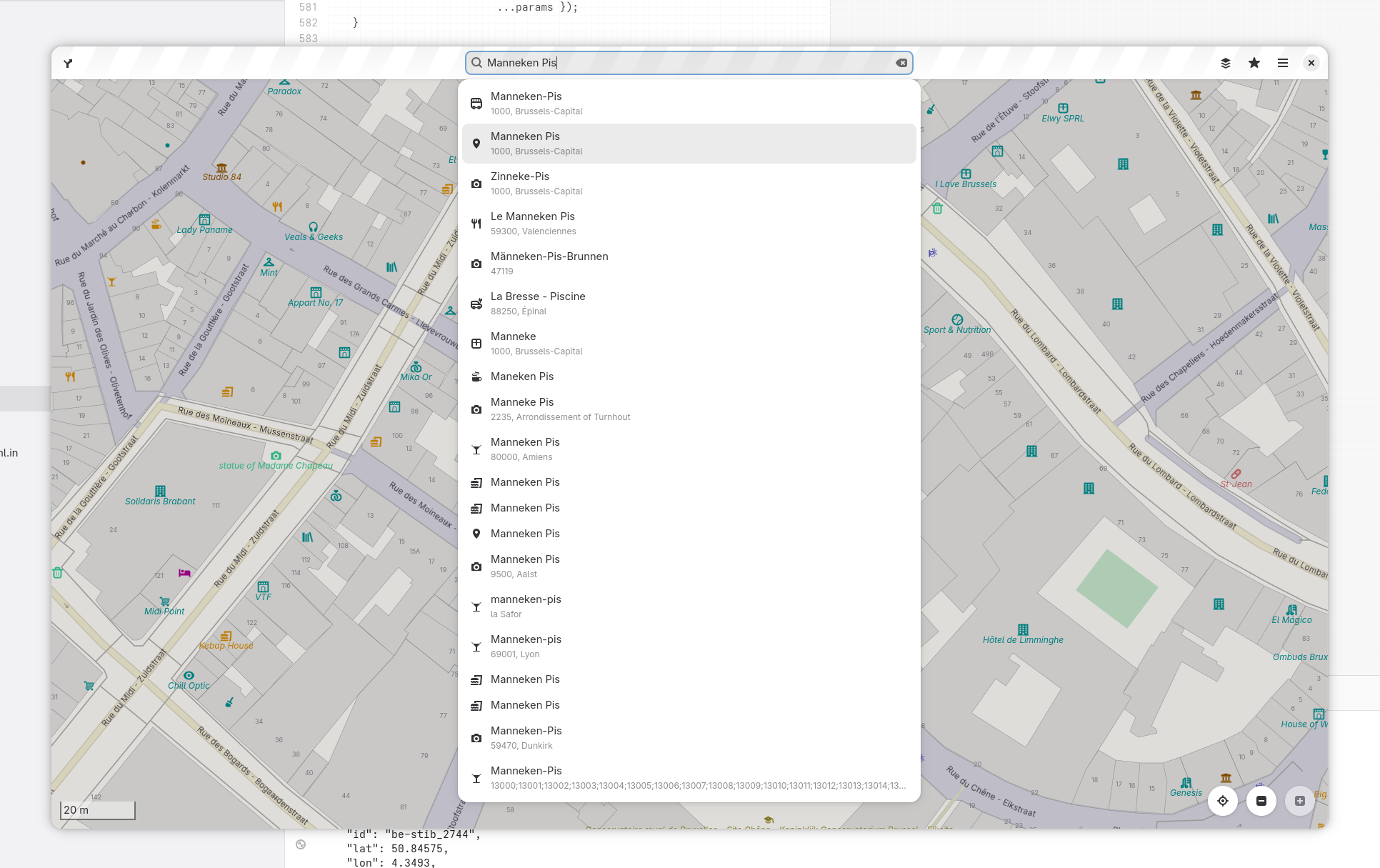 Screenshot of GNOME Maps showing search results for “Manneken Pis” using the MOTIS geocoding backend