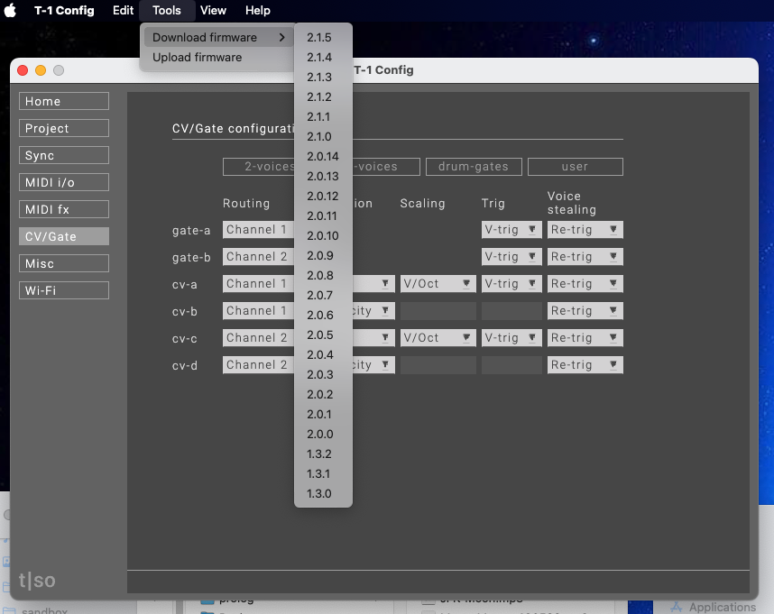A screenshot of the Torso T-1 companion app on a Mac, showing the menu for installing any firmware. Cool!