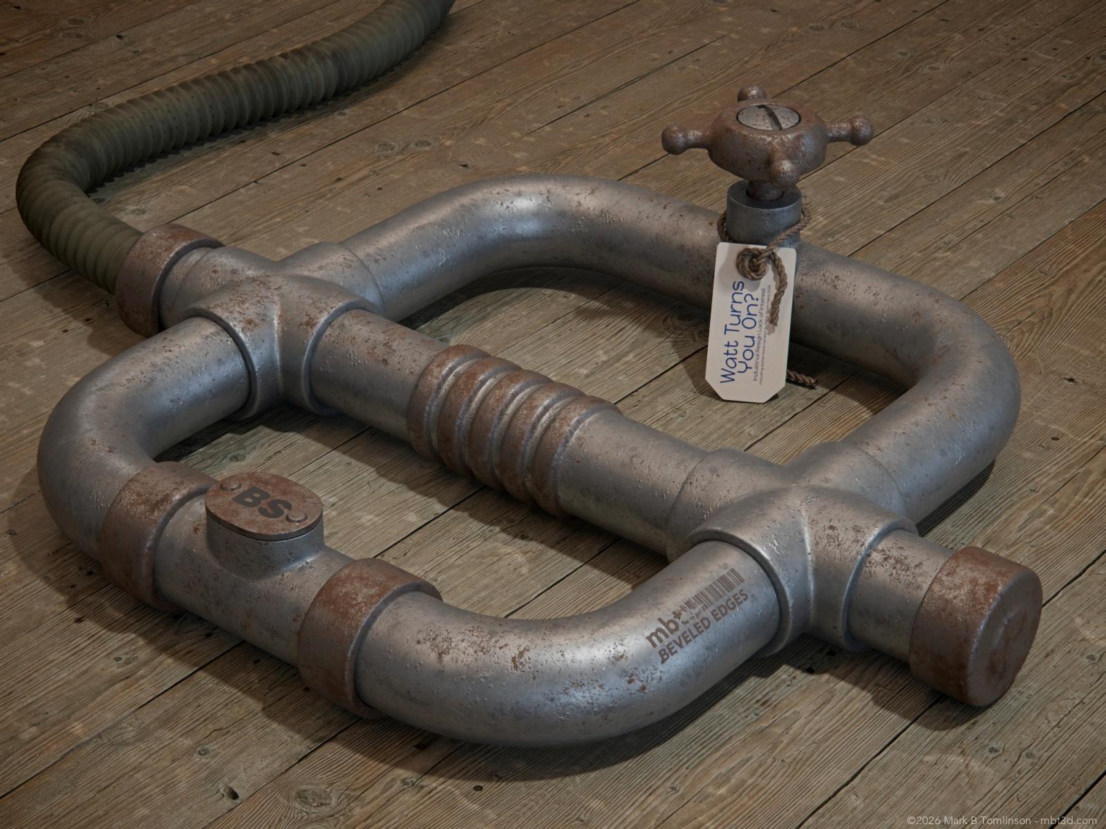 Metal pipe form with a tap on the top and a hose running off to the side.
