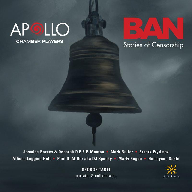 Cover of Apollo Chamber Players’s Azica Records album “BAN: Stories of Censorship”, featuring a black and white photo of a huge bell on a grey background.