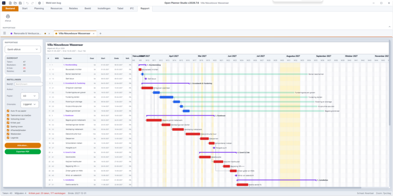 Open Planner Studio showing a construction programme as a task table and Gantt chart