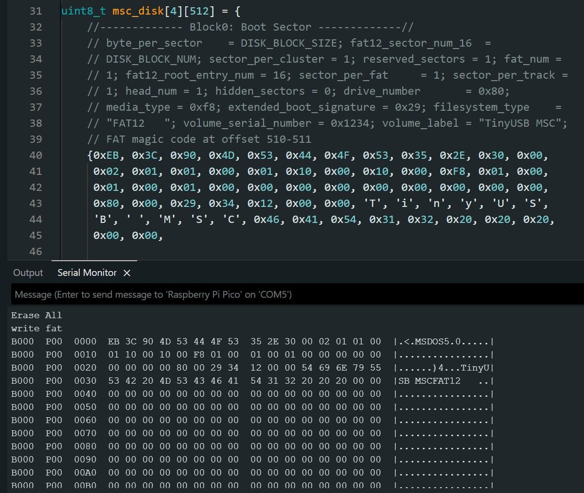 Adruino IDE showing the ramdisk.h memory of the SRAM and the console output of the readback from the NAND FLASH. The output matches the input.