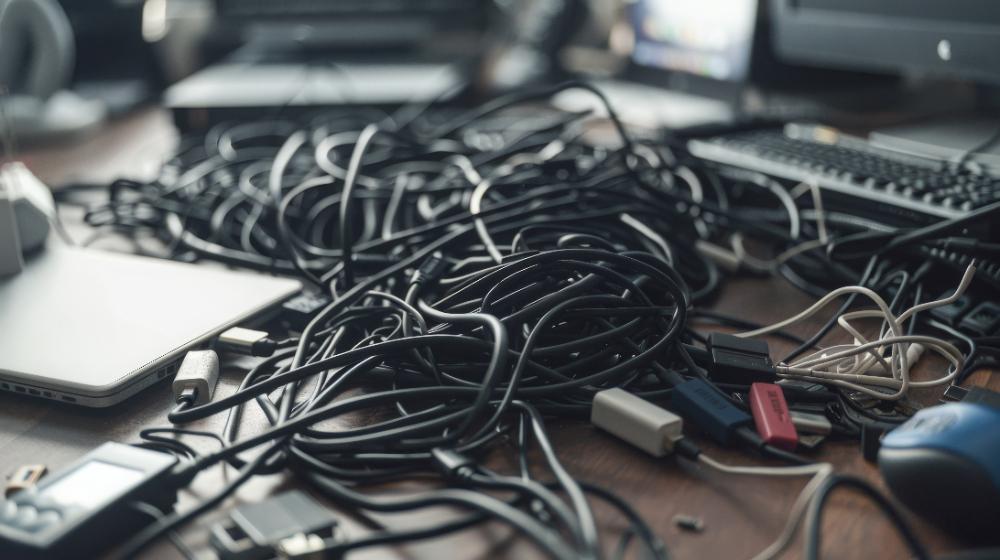 A close-up photo of a messy desk with tangled computer cables, a laptop, and other electronics. The wires are all black and are lying on a wooden surface.