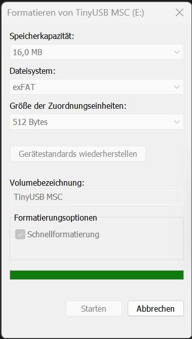 WIndows Drive Formating window. Shows space capacity 16MB, Format exFAT