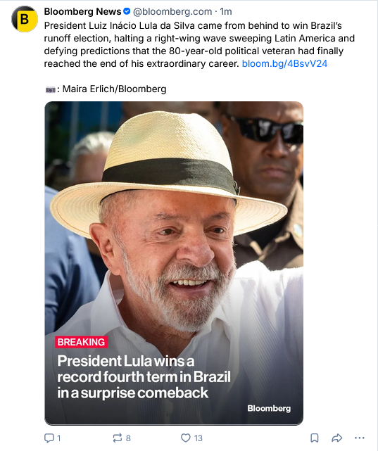 Bsky post by Bloomberg News @bloomberg.com
President Luiz Inácio Lula da Silva came from behind to win Brazil’s runoff election, halting a right-wing wave sweeping Latin America and defying predictions that the 80-year-old political veteran had finally reached the end of his extraordinary career. bloom.bg/4BsvV24
📷: Maira Erlich/Bloomberg