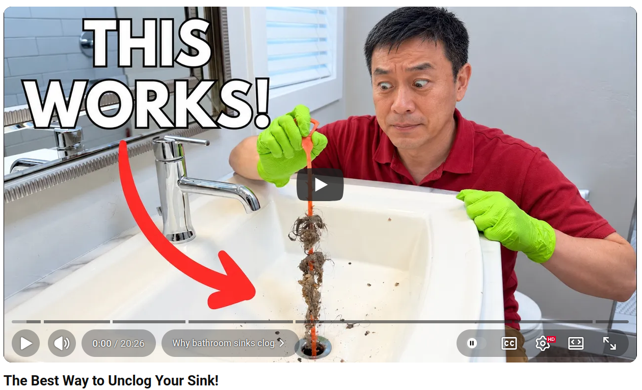 A youtube thumbnail showing a guy cleaning out a clogged sink, with the text "This Works!"