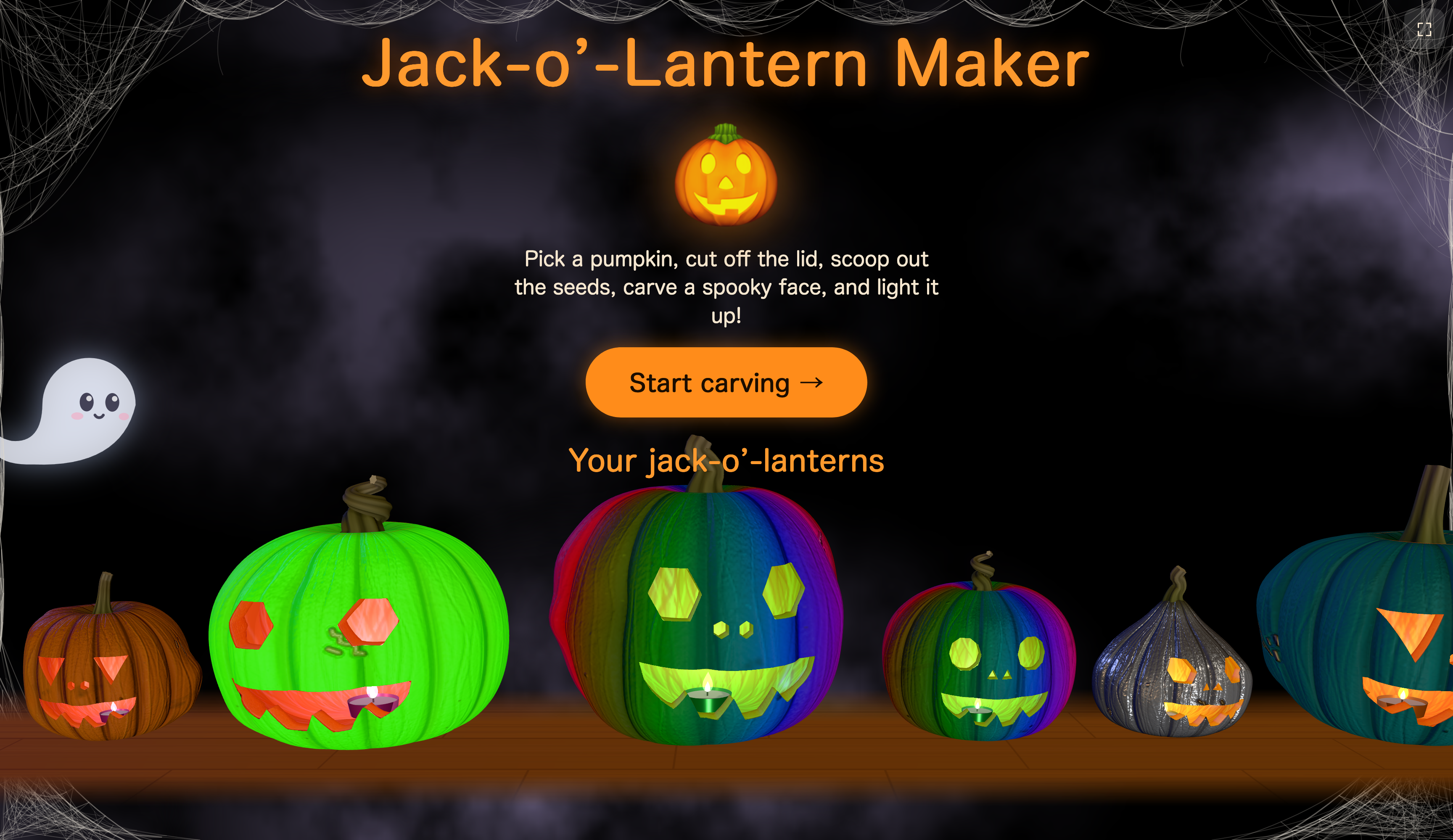 Screenshot of Jack-o’-Lantern Maker, a web game where you carve pumpkins into faces and gradually unlock more and more options.
