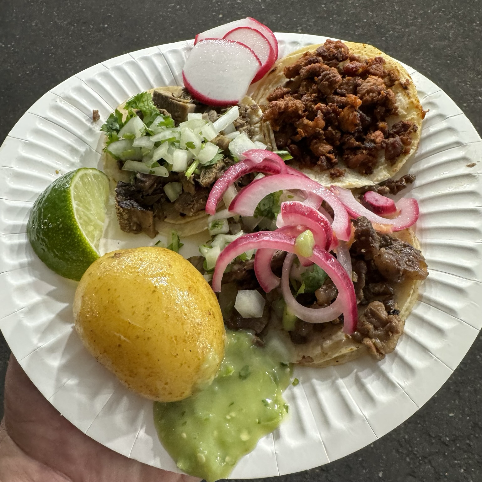 three tacos (chorizo, lengua, carne asada) & complementary potato from Tacos LA 26!