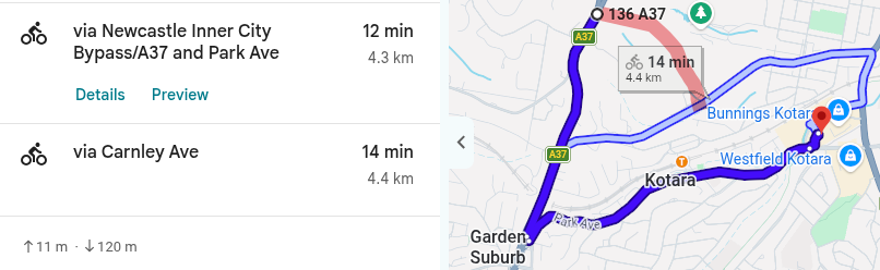 Screenshot of google maps showing suggested bike routes from New Lampton Heights to Kotara