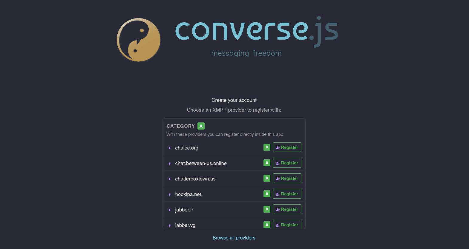 The XMPP webclient converse.js' implementation of a list of choice for registration to an XMPP provider based on the data of XMPP Providers.